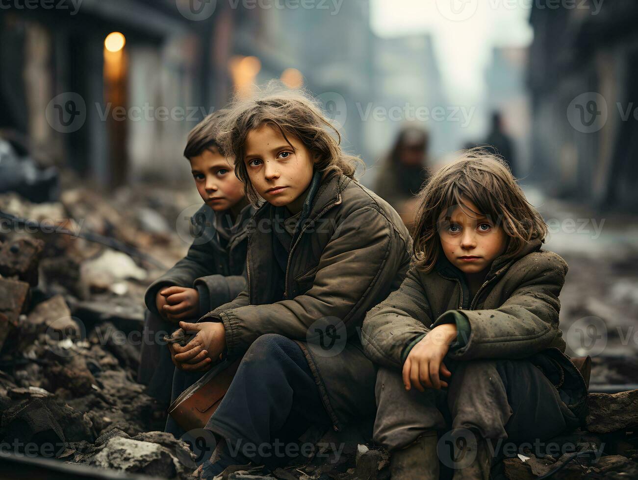 ai genererad en grupp av flykting barn sitta i de mitten av en krigshärjade stad. barn i krig zon. generativ ai foto