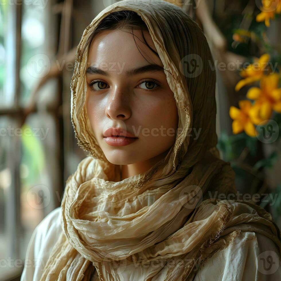 ai genererad porträtt av en skön och exotisk ung muslim kvinna med vit hijab. generativ ai foto
