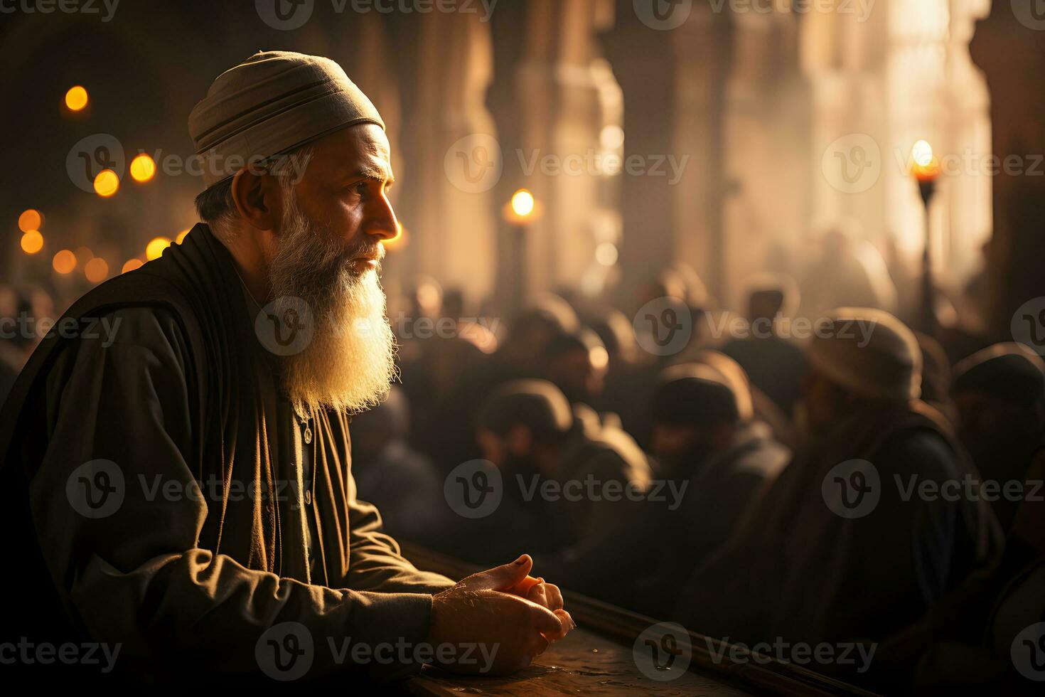 ai genererad islamic imam utför en predikan på de moskén. muslim imam förkunnelse till de människor i de moskén. generativ ai foto