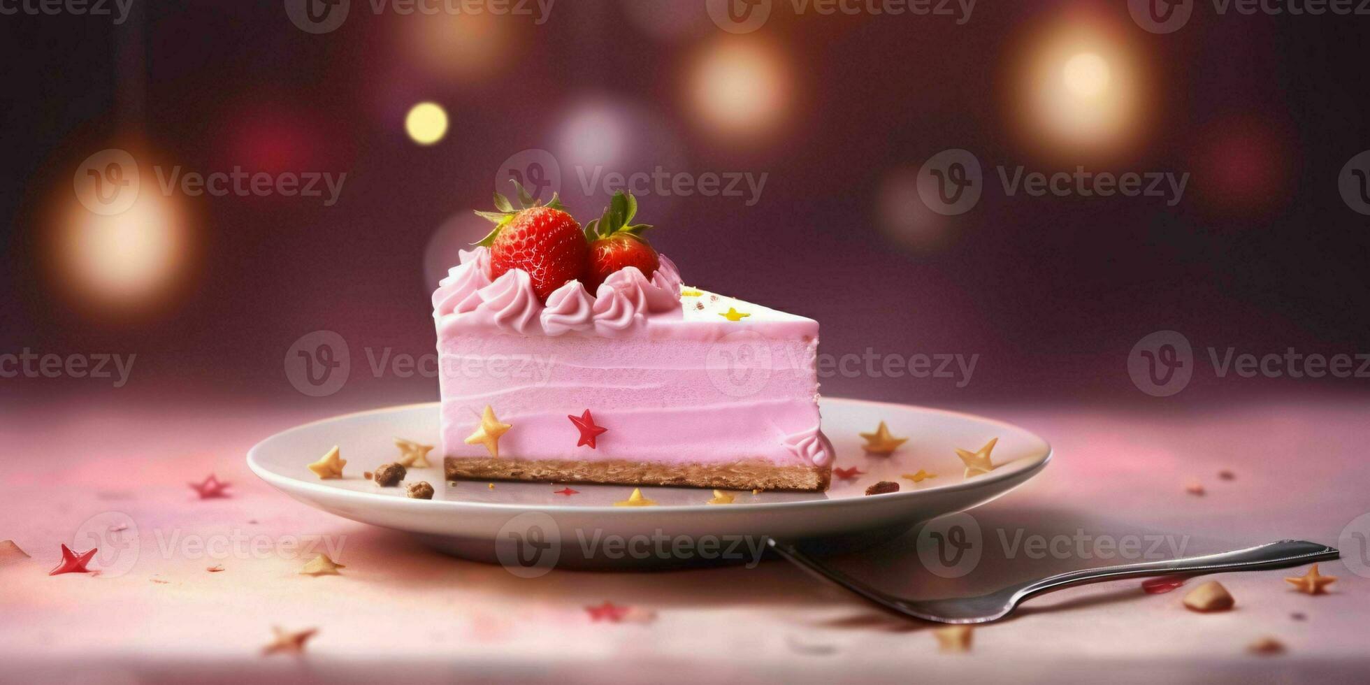 ai genererad en skiva av ljuv rosa kaka med jordgubbar och grädde på topp. generativ ai foto