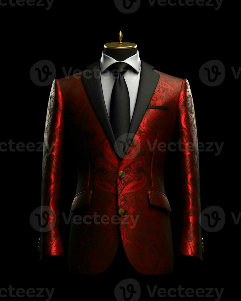 ai genererad lyx och elegant röd herr- kostym med abstrakt motiv isolerat på svart bakgrund. generativ ai foto