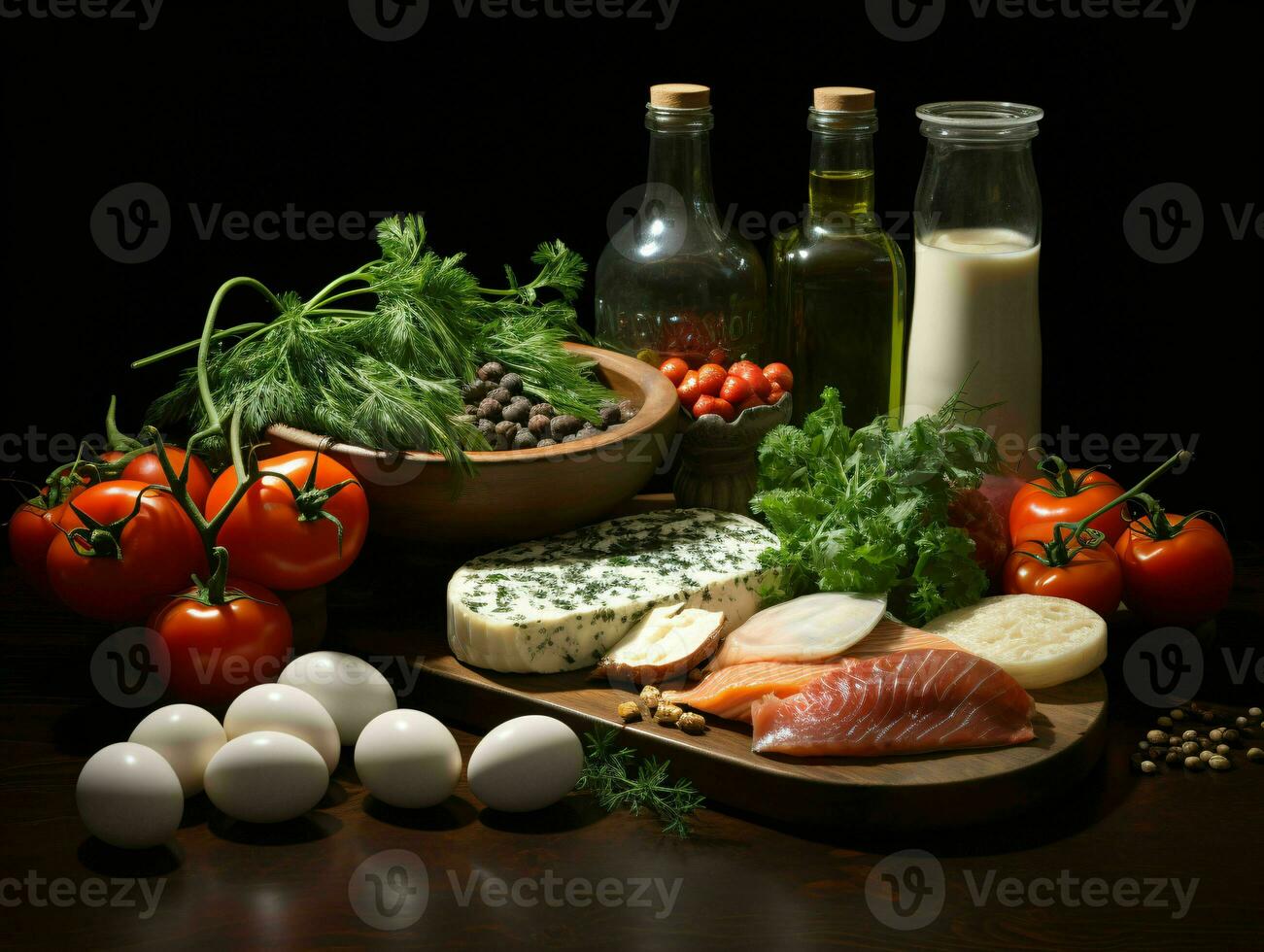 ai genererad arrangemang av rå kött, mjölk, ägg, och grönsaker på svart bakgrund. generativ ai foto