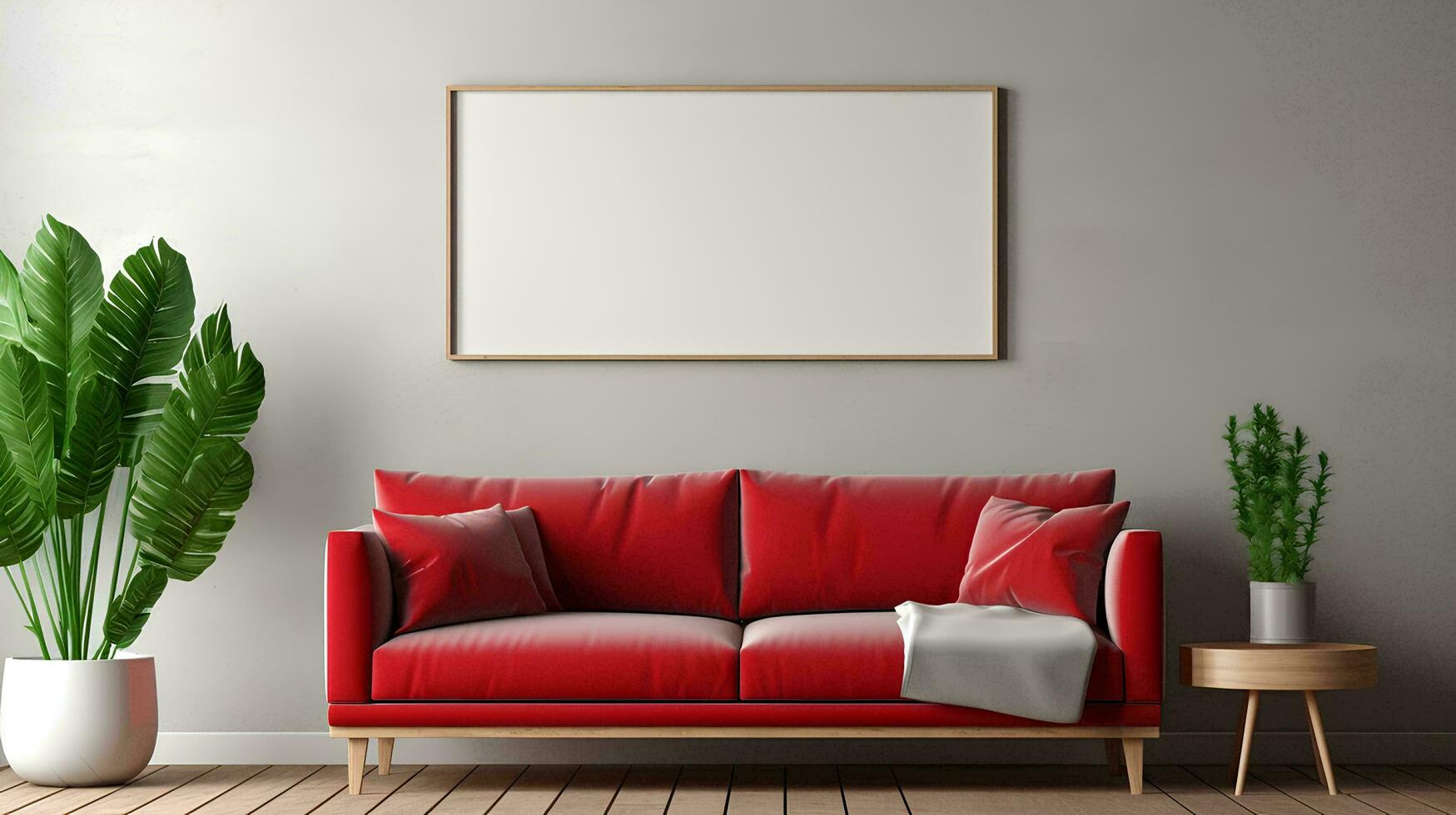 ai genererad röd soffa och vilstol i lägenhet, modern levande rum interiör design, attrapp ram begrepp i enkel bekväm levande rum interiör, 3d tolkning foto