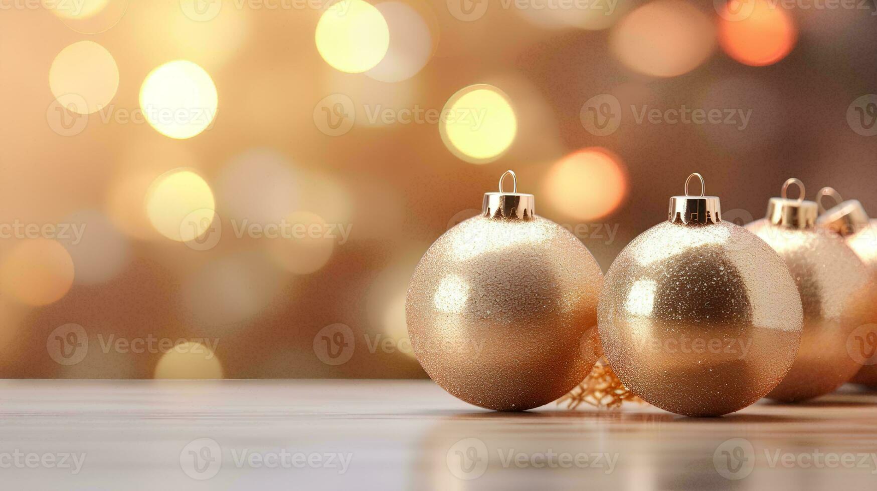 ai genererad 3d tolkning av glas jul lökar med bokeh bakgrund, jul ornament på jul träd med guld och vit lampor foto