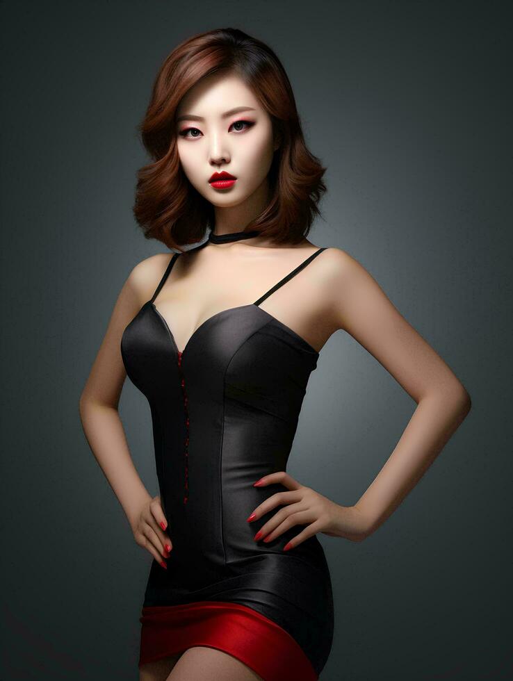 ai genererad skön koreanska flicka med guppa hår, bär en snål klänning, röd mun, tonad mage, generativ ai foto