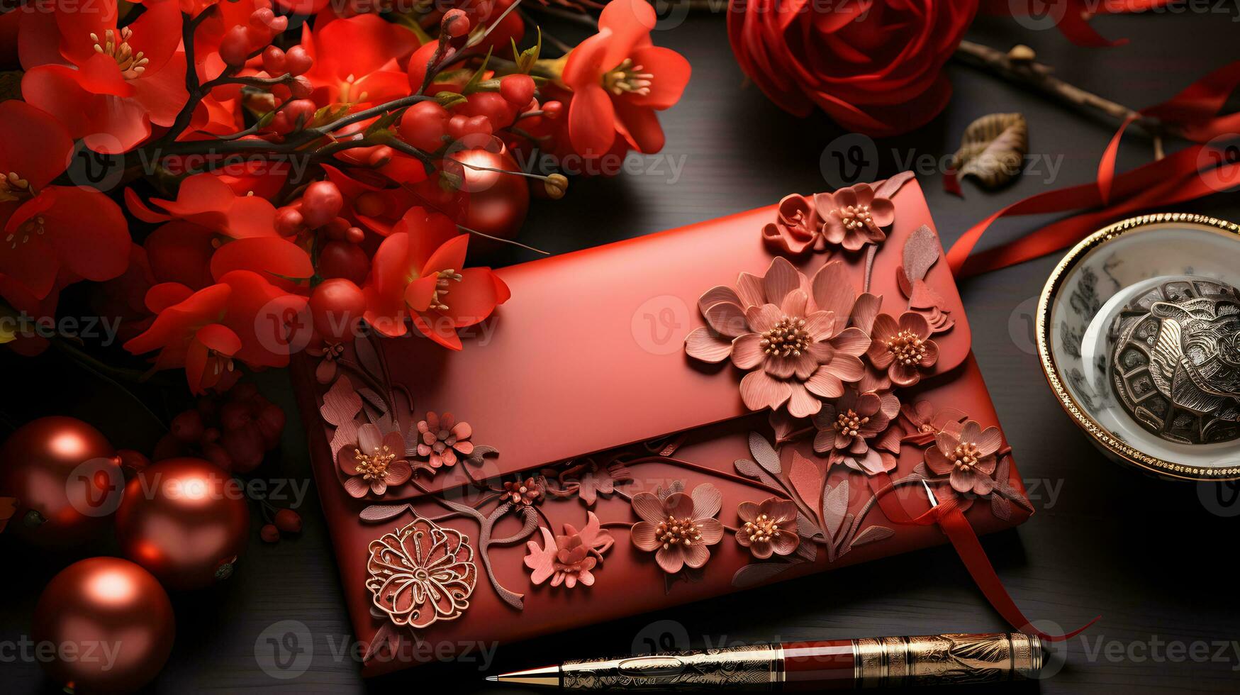 ai genererad kinesisk ny år röd kuvert dekorerad med blommig mönster. symboliserar välstånd och Bra tur. generativ ai foto