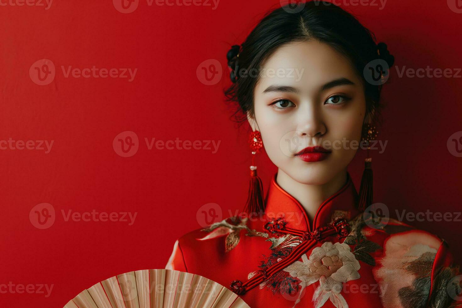 ai genererad ung kinesisk kvinna i traditionell kinesisk klänning med kopia Plats foto