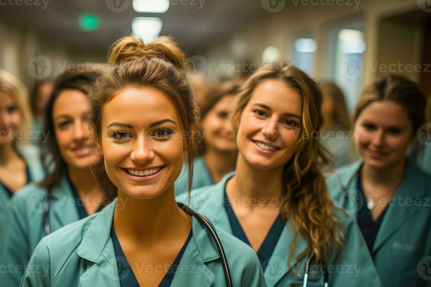 ai genererad leende sjuksköterska i grön täcka står i främre av patientens rum i sjukhus. foto