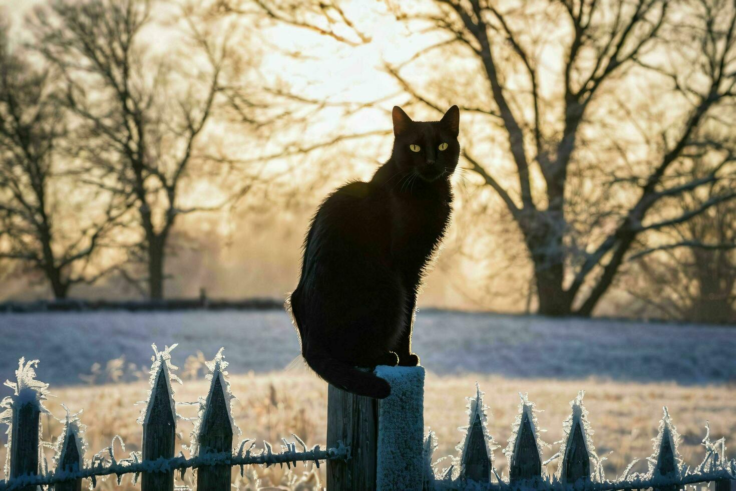 ai genererad svart katt Sammanträde på staket i de snö foto