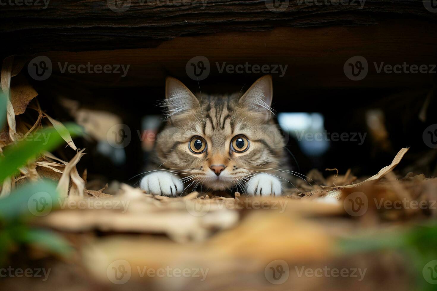 ai genererad känsla av rädsla, porträtt av en katt med stor ögon, emotionell se av ett djur. foto