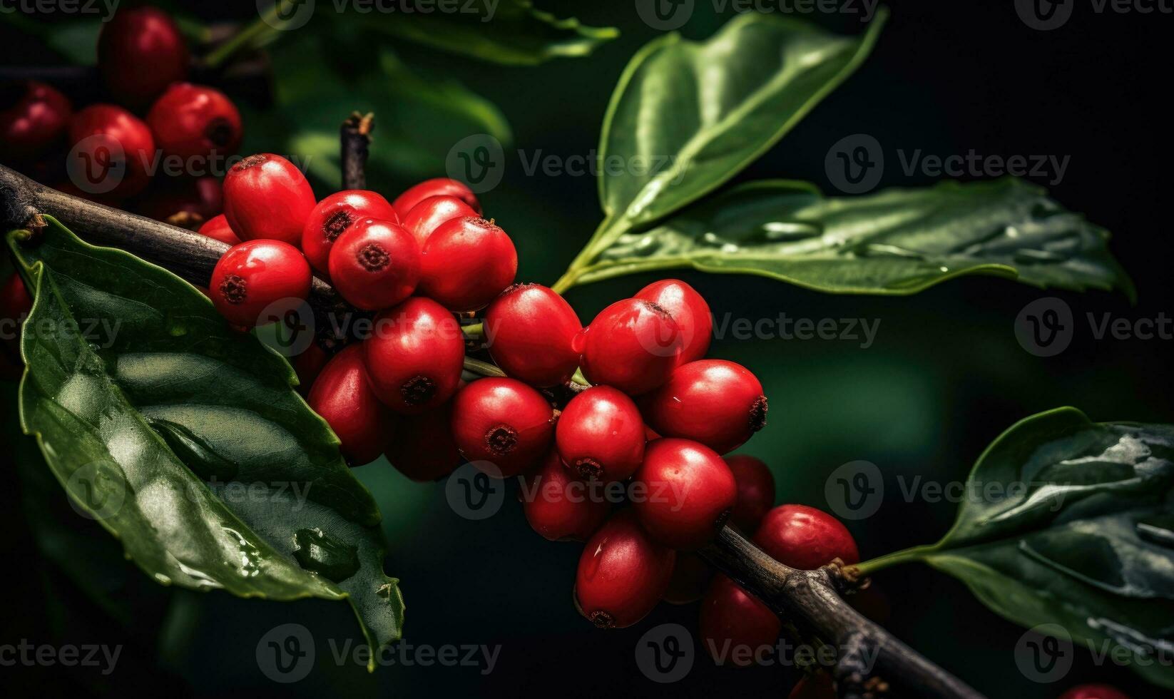 ai genererad mogen röd kaffe bönor klustrade på en gren med frodig grön löv foto