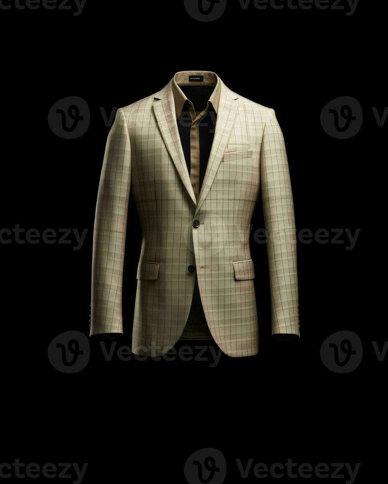 ai genererad elegant beige herr- kostym med gingham motiv isolerat på svart bakgrund. generativ ai foto