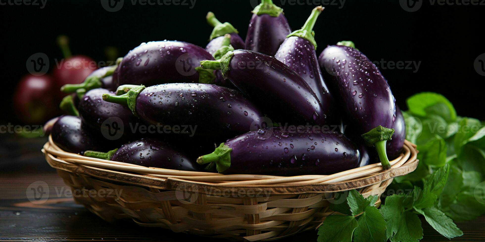 ai genererad färsk äggplanta med vatten droppar. grupp av aubergine. generativ ai foto