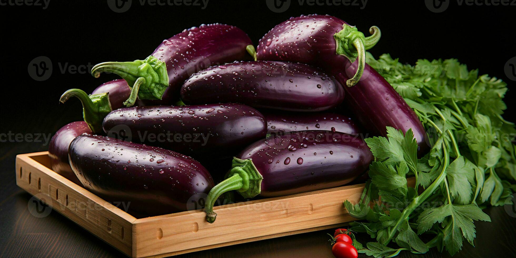 ai genererad färsk äggplanta med vatten droppar. grupp av aubergine. generativ ai foto