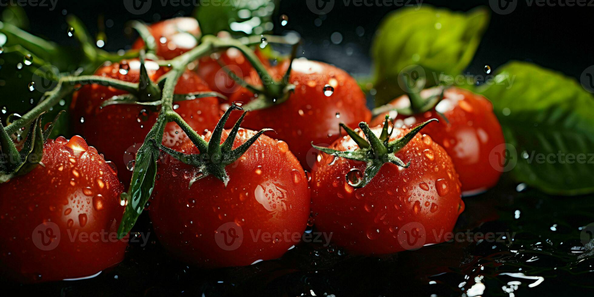 ai genererad färsk tomater med vatten droppar isolerat på svart bakgrund. generativ ai foto