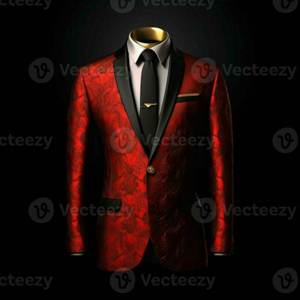 ai genererad lyx och elegant röd herr- kostym med abstrakt motiv isolerat på svart bakgrund. generativ ai foto