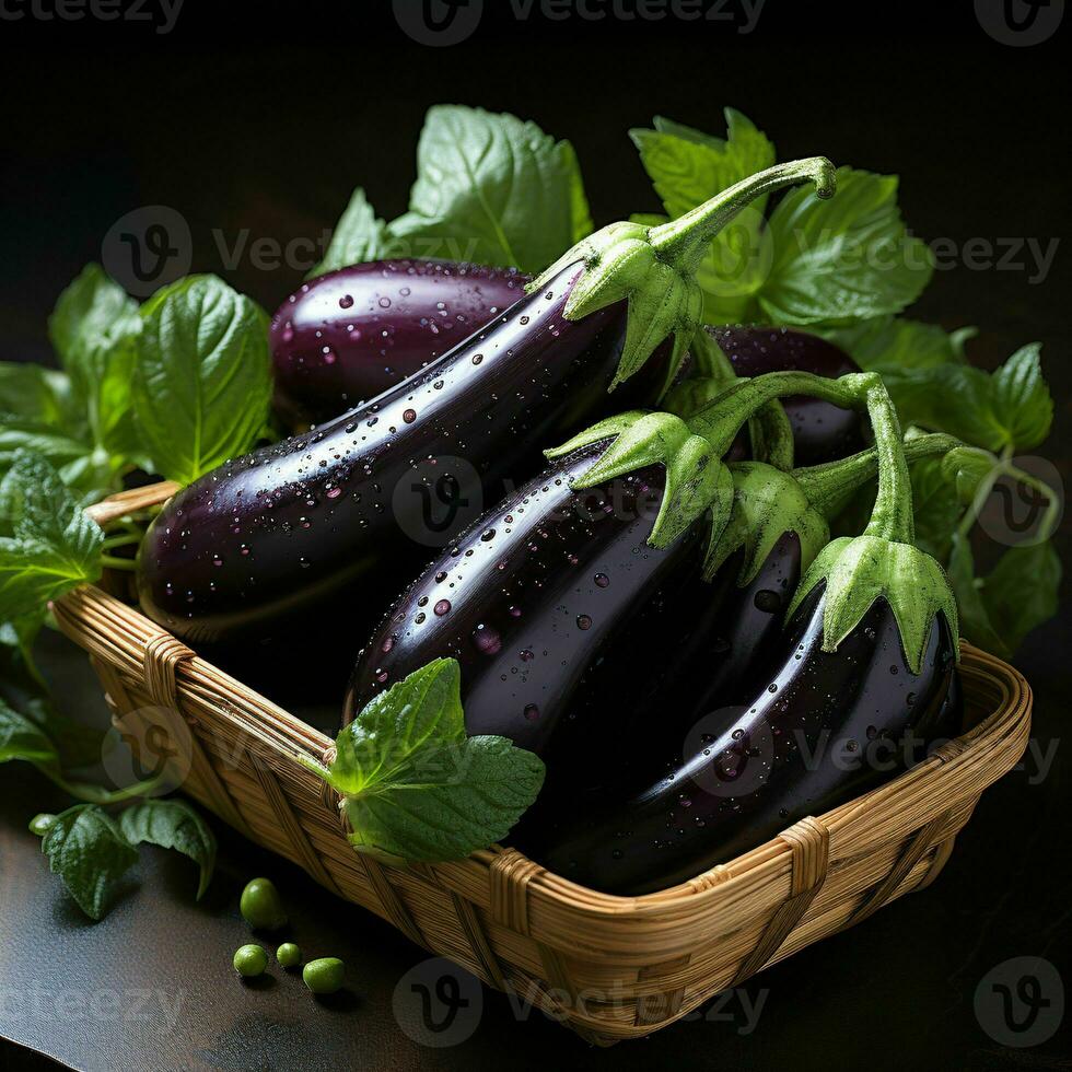 ai genererad färsk äggplanta med vatten droppar. grupp av aubergine. generativ ai foto