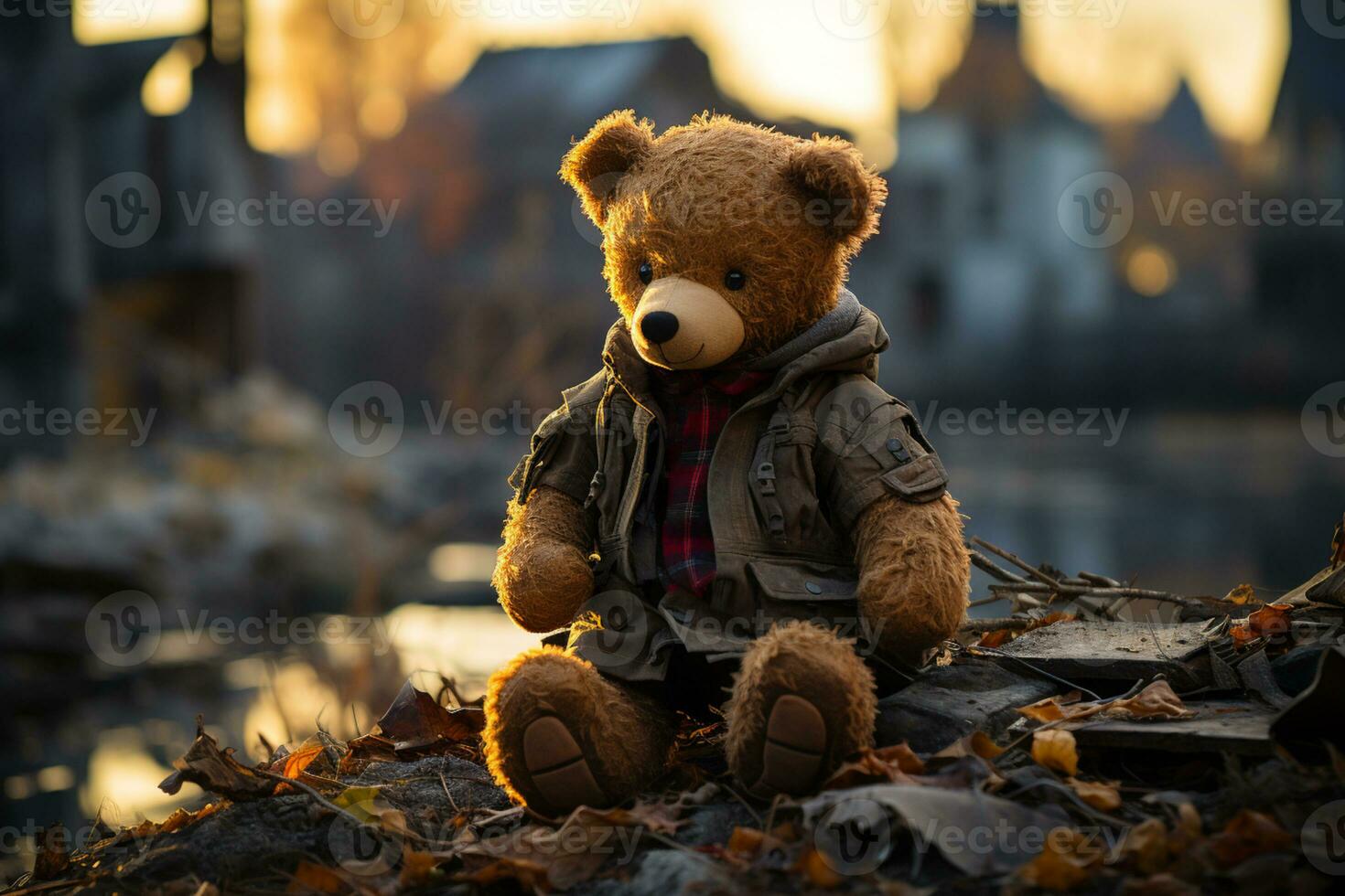 ai genererad brun teddy Björn placerad i främre av en förstörd hus på grund av till krig foto