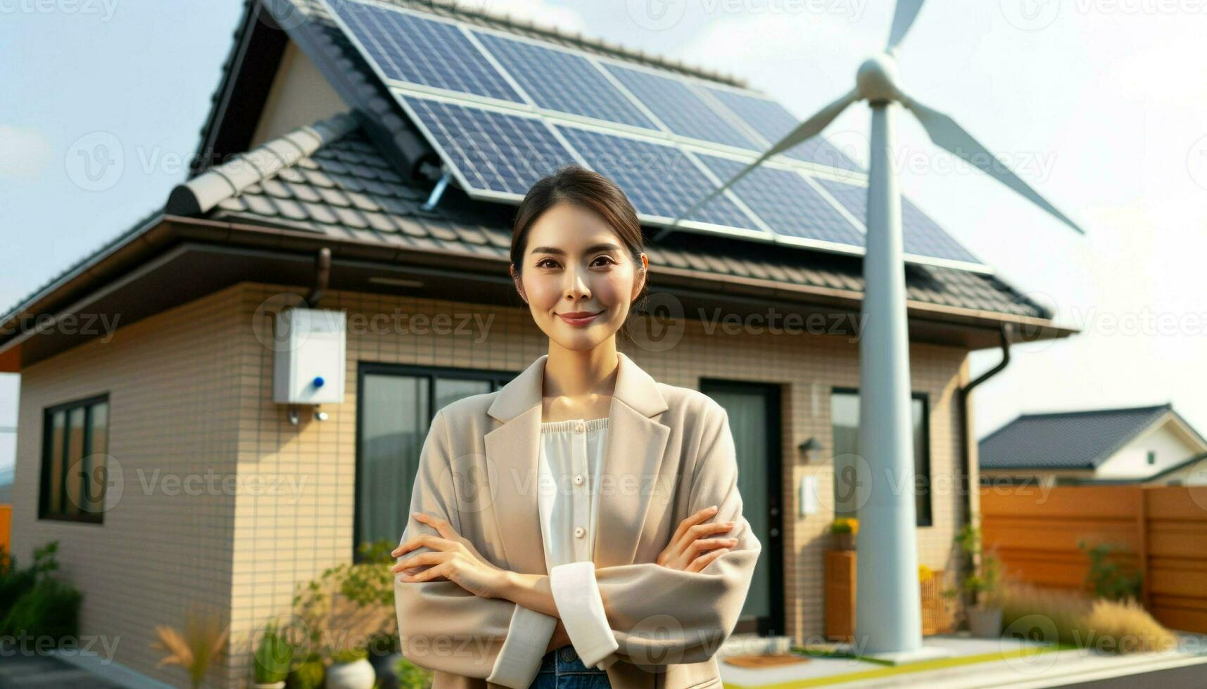 ai genererad Foto av en husägare av asiatisk härkomst, kvinna, med en självsäker uttryck, stående Nästa till henne hus Utsmyckad med sol- paneler. en vind turbin stå