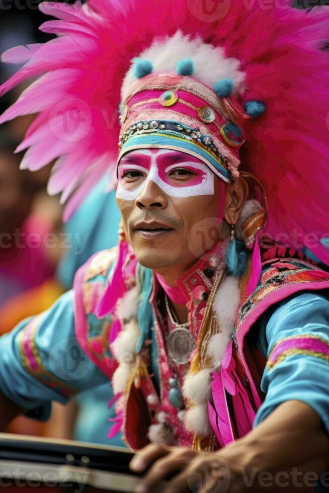 ai genererad porträtt av karneval handelsresande spelar en trumma i en Mars. generativ ai foto