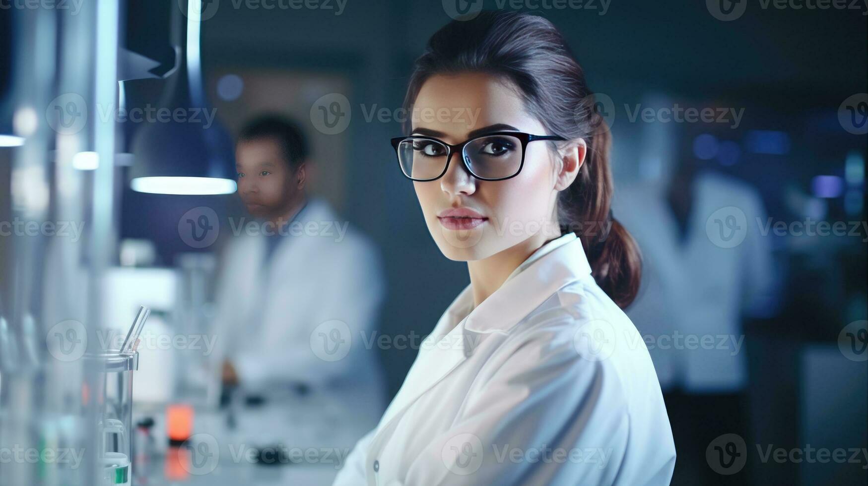 ai genererad skön ung kvinna forskare bär vit täcka och glasögon i modern medicinsk vetenskap laboratorium med team av specialister på bakgrund. kvinna forskare och specialister i Avancerad foto