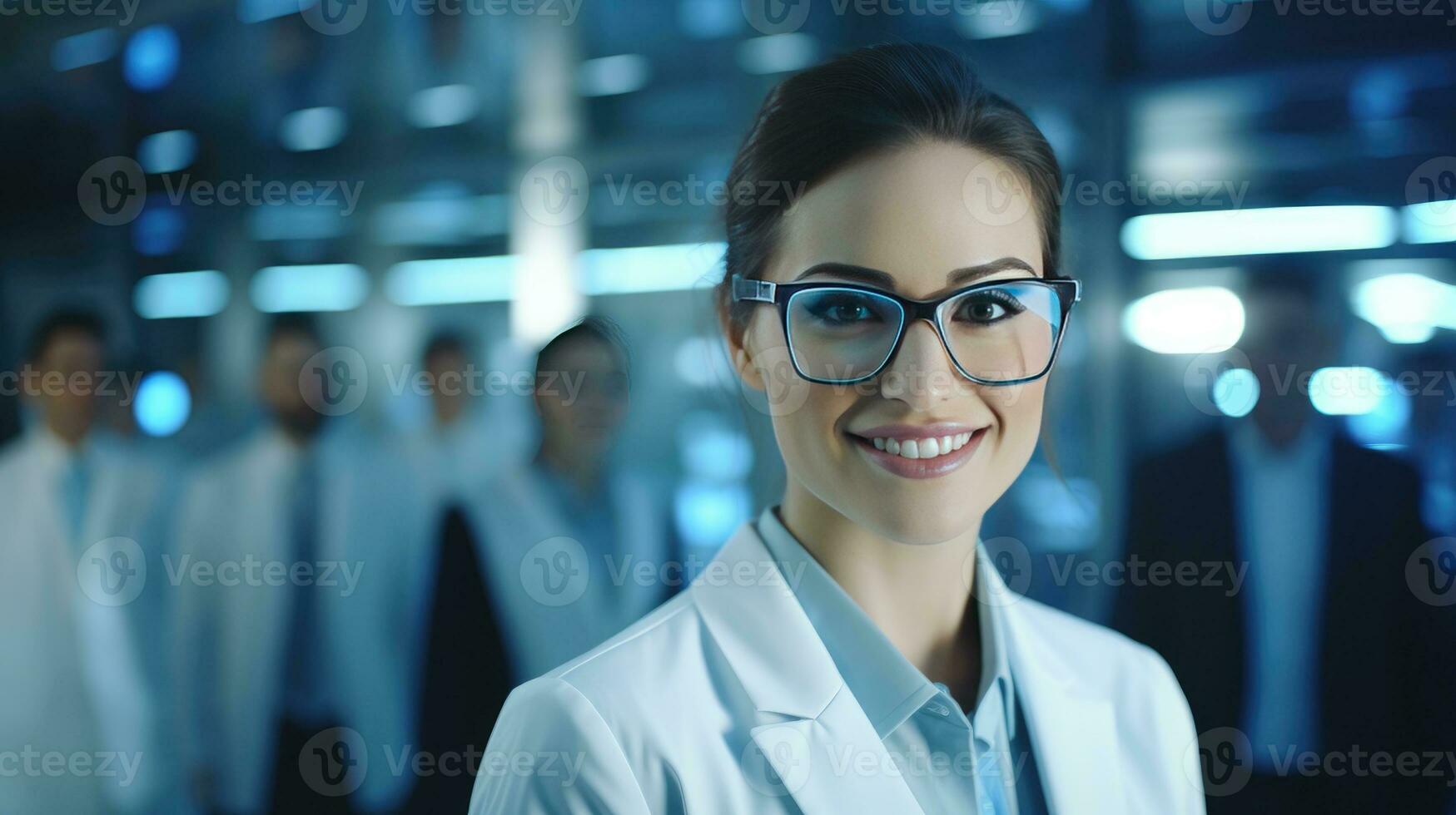 ai genererad labb ledarskap. ung kvinna forskare i modern medicinsk vetenskap anläggning med team. innovativ vetenskap. ung kvinna i labb täcka och glasögon rubrik medicinsk team foto