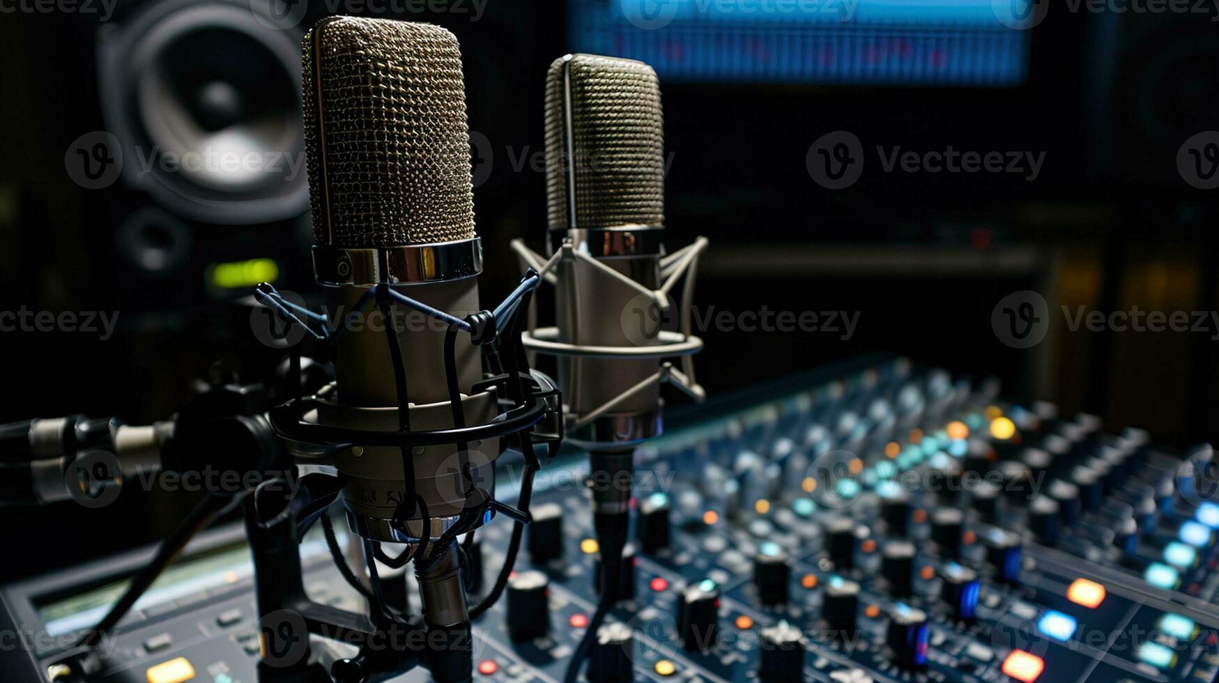 ai genererad professionell mikrofon på en mixer i en inspelning studio, ai generativ foto