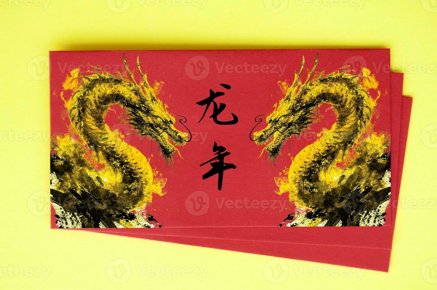 topp se av kinesisk ny år röd paket med gyllene drakar. kinesisk ny år fester foto