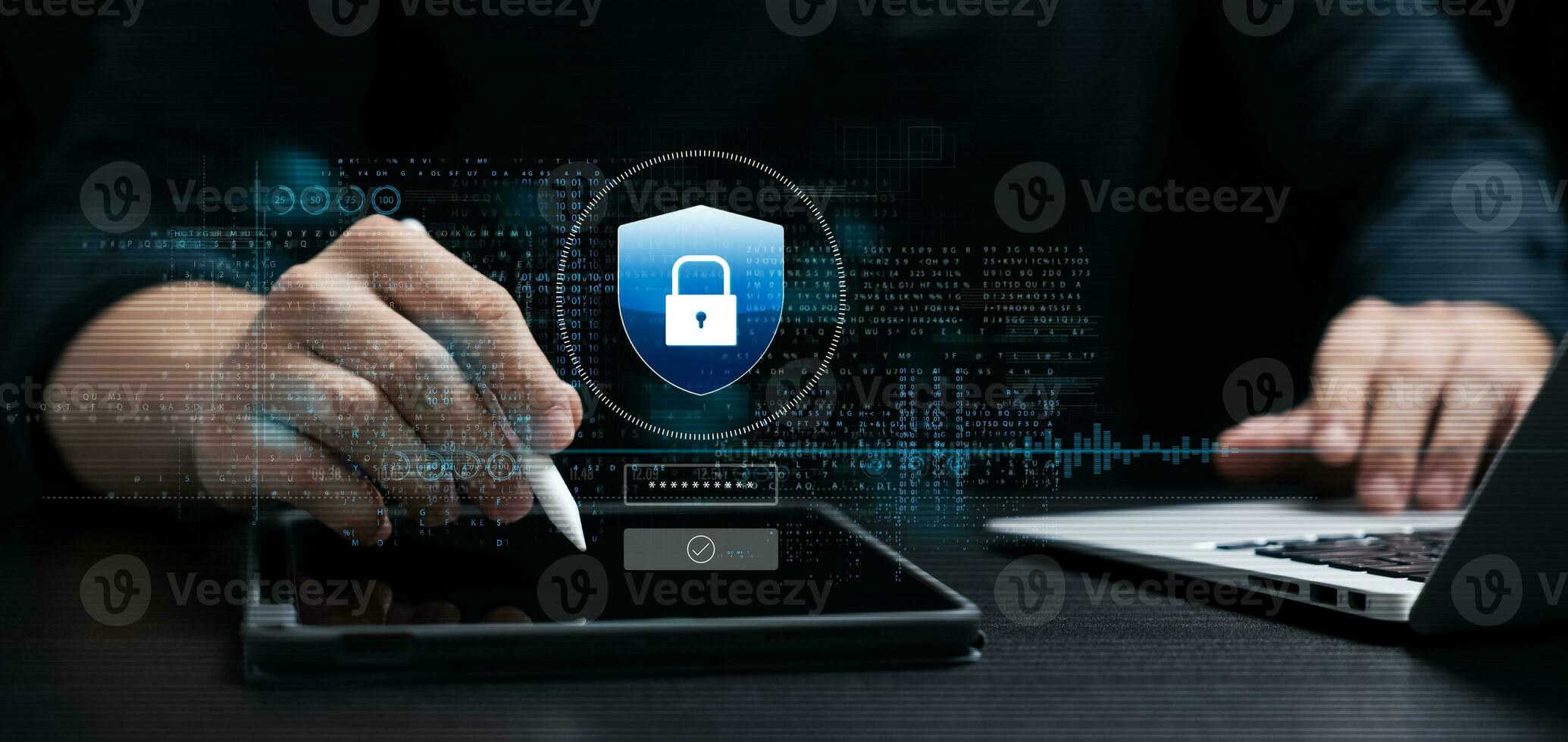 cyber säkerhet och data skydd, affärsman använda sig av bärbar dator och läsplatta internet nätverk säkerhet systemet, skyddande företag och finansiell transaktion data från cyber attacker, säkra data kryptering. foto