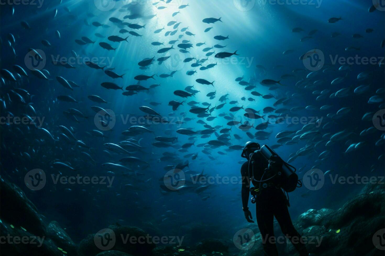 ai genererad hav djup, dykning dykare utforskar, fisk stim dansa omger foto