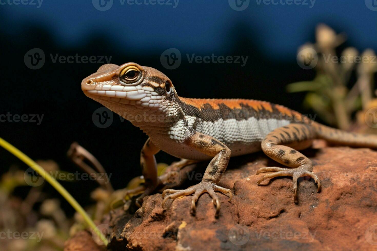 ai genererad klippig livsmiljö skink graciöst poser på en Sol uppblött klippig yta foto