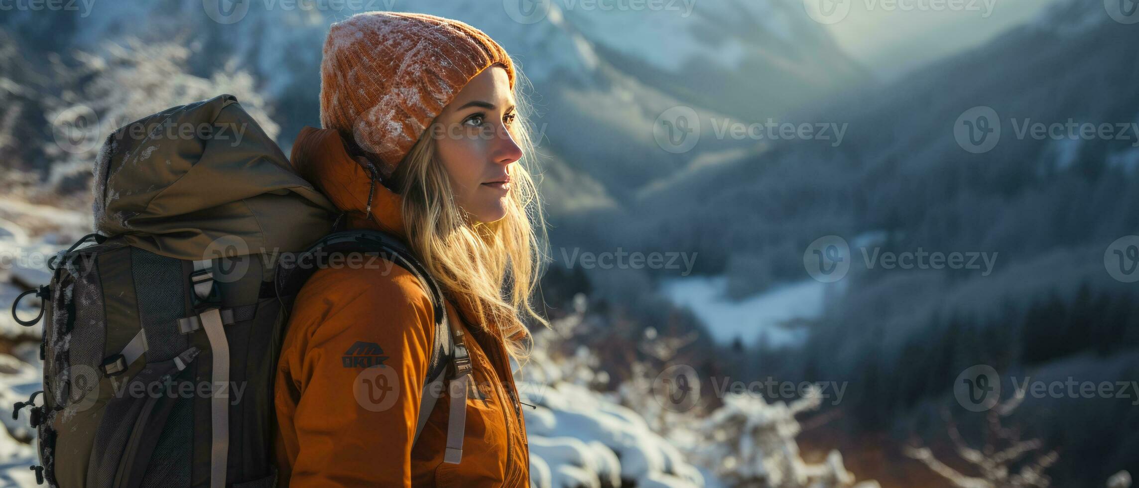 ai genererad Foto av en fast besluten kvinna bergsbo vandring genom snöig vildmark, förkroppsligande de anda av äventyr och frihet.