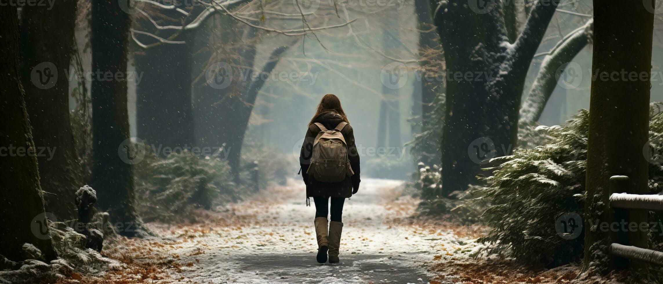 ai genererad Foto av en ensam vandrare, en kvinna gående genom en snötäckt skog, henne figur omslaget i dimma.