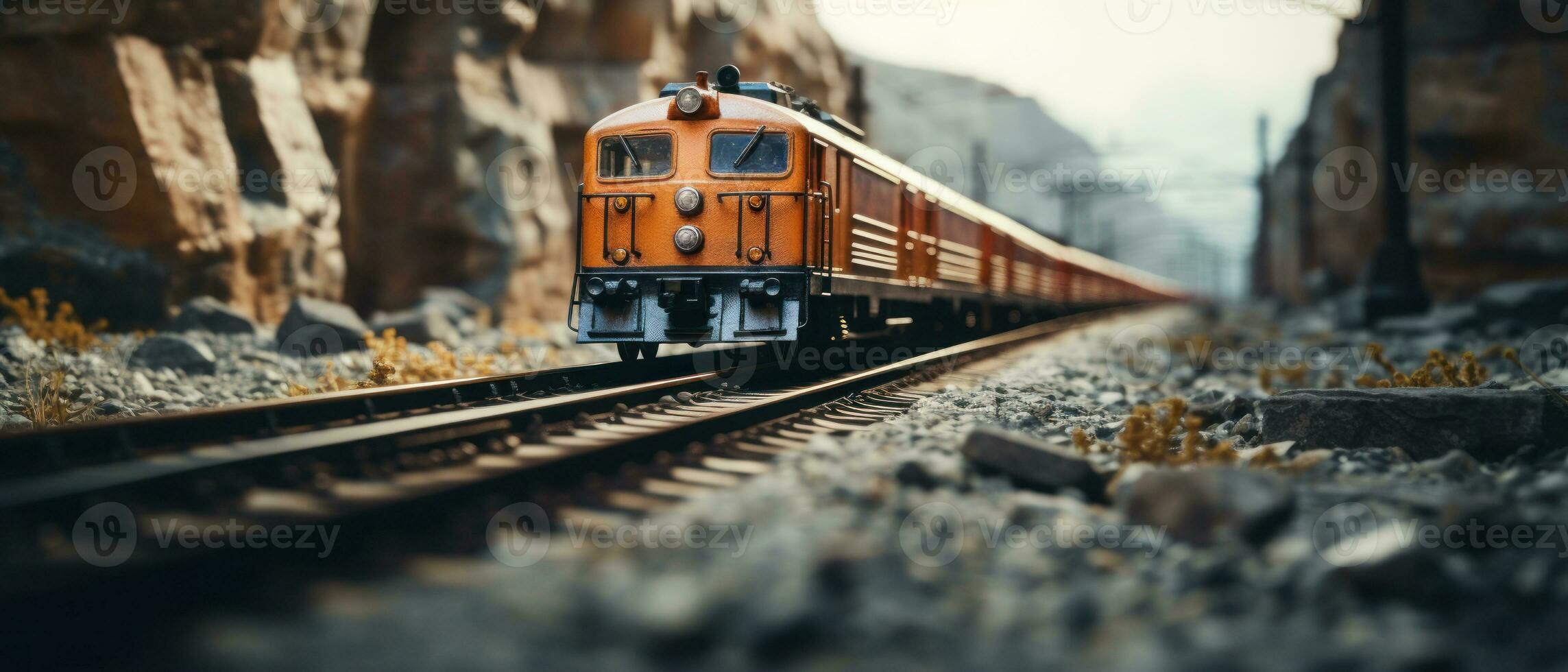 ai genererad leksaksliknande tåg hastigheter genom bergig landskap, spår detaljerad i närbild. ai generativ. foto