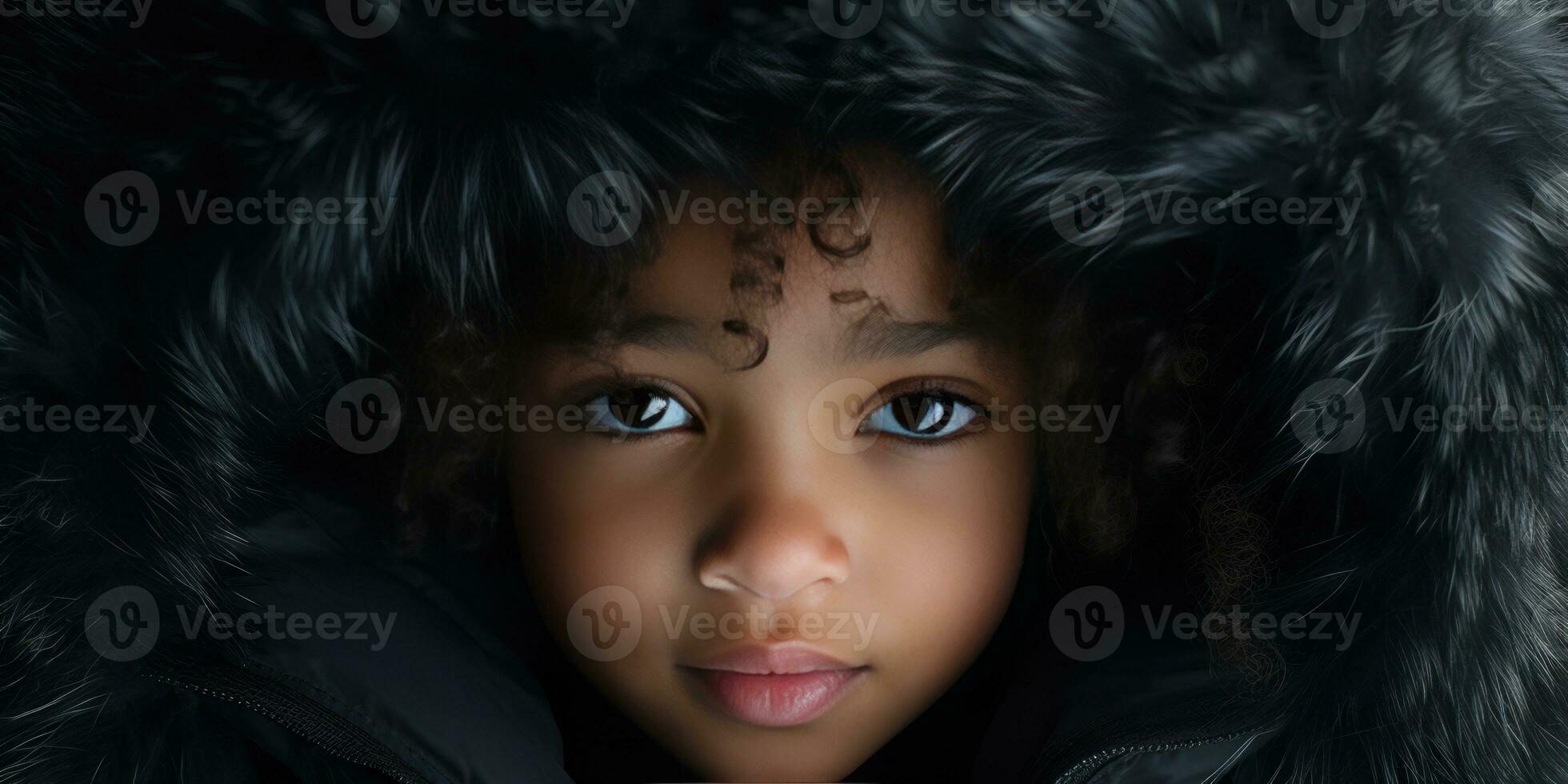 ai genererad närbild av en ung svart flicka i en lyxig päls huvor täcka. ai generativ. foto