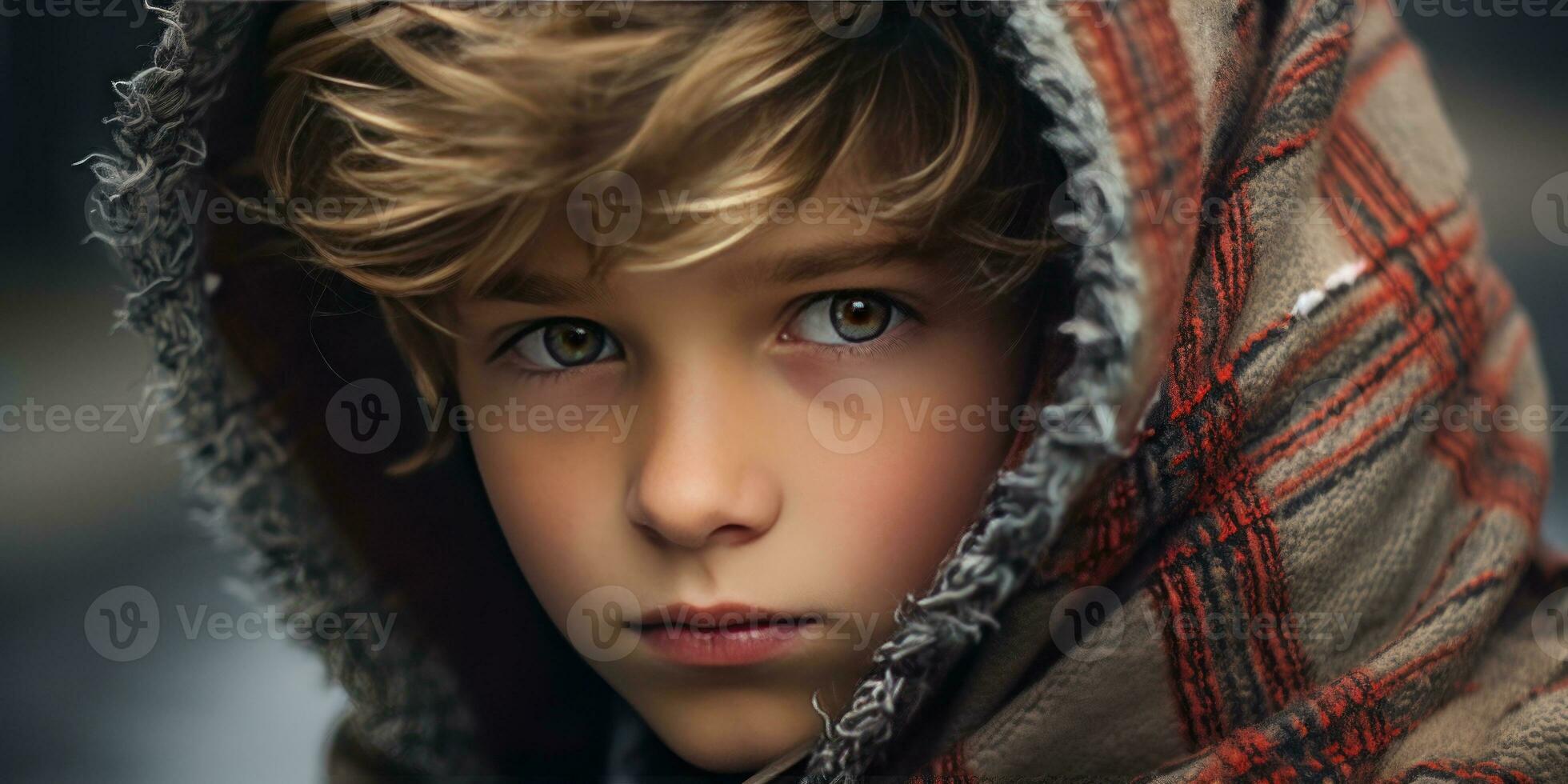 ai genererad värma, inbjudande bild av en pojke i en huvor täcka. ai generativ. foto