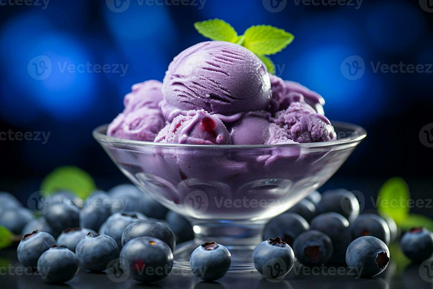 ai genererad en skopa av blåbär is grädde i de glas skål med en spridning av färsk blåbär, mittvinkel skott foto