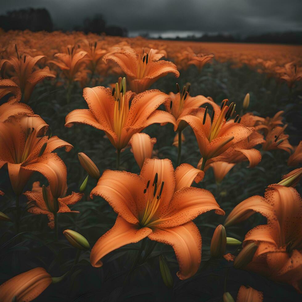 ai genererad orange liljor i en fält med mörk moln foto