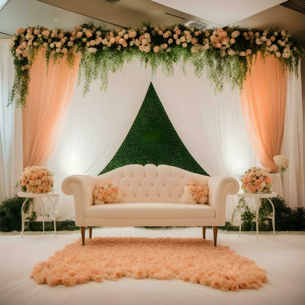 ai genererad en bröllop skede med en vit soffa och blommig dekorationer foto