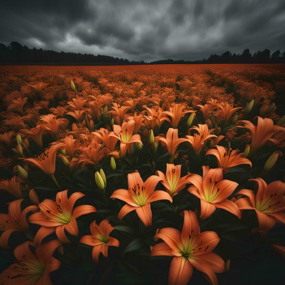 ai genererad orange liljor i en fält under en mörk himmel foto