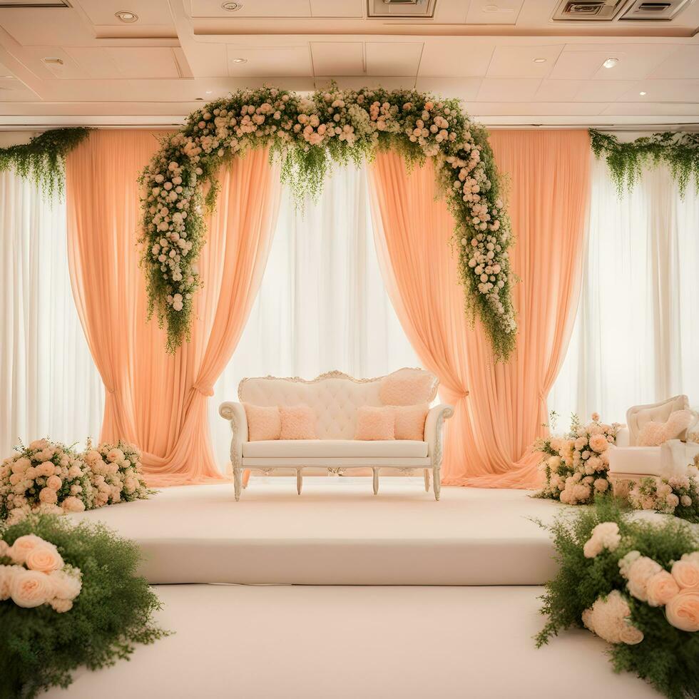 ai genererad ett elegant bröllop skede med en blommig båge foto