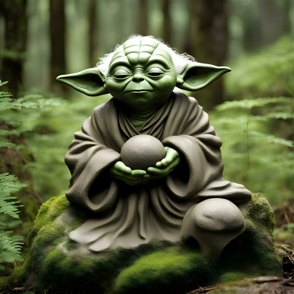 ai genererad yoda staty i de skog foto