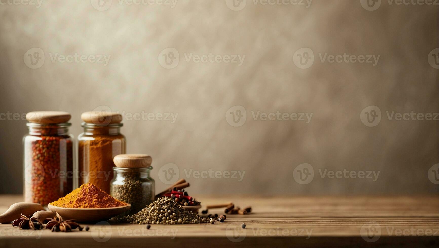ai genererad olika kryddor och örter i glas burkar på trä- tabell kopia Plats foto