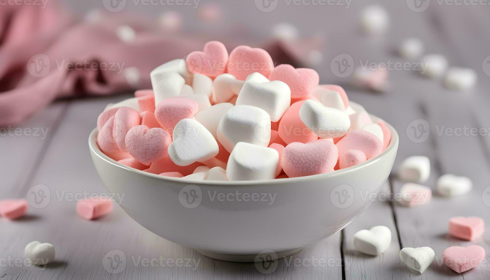 ai genererad en skål av marshmallows på en trä- tabell foto