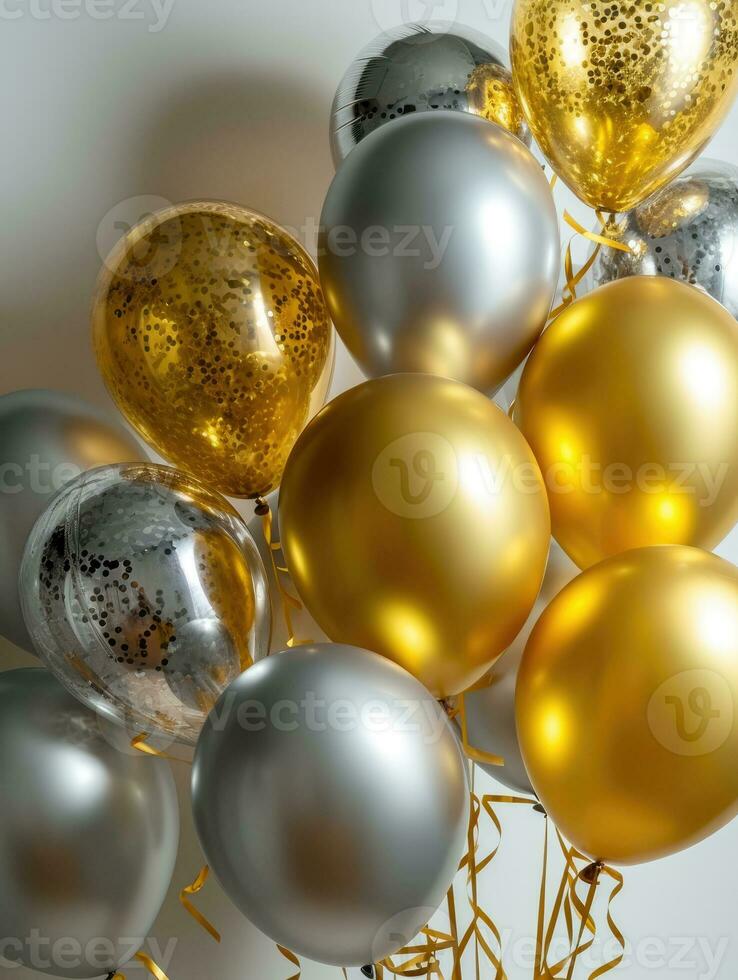 ai genererad ai generation. vit, svart, guld och silver- ballonger och konfetti på vit bakgrund foto