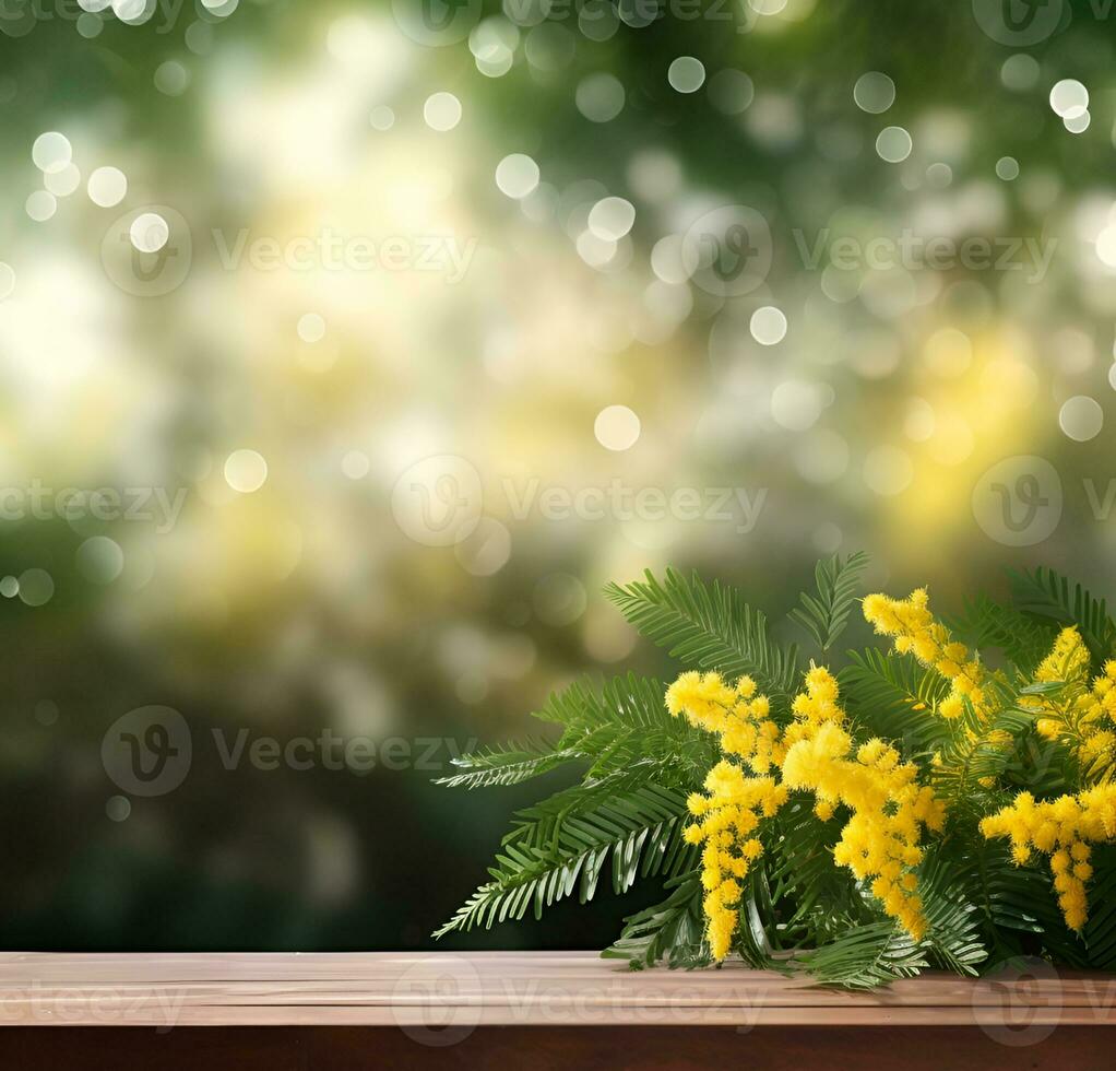 ai genererad mimosa blomma bakgrunder med tömma trä- tabell. genererad ai foto