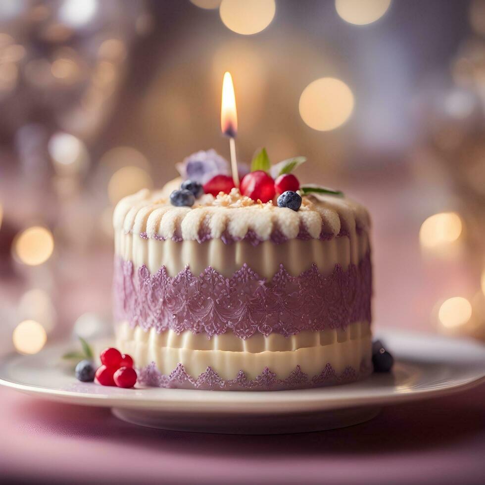 ai genererad en lila kaka med en ljus på topp foto