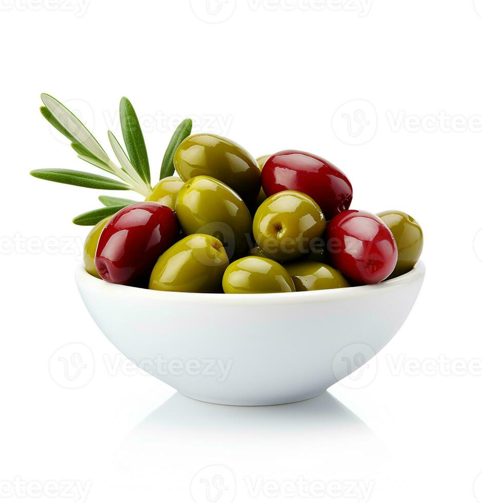 ai genererad blanda av oliver frukt på vit bakgrunder. genererad ai foto