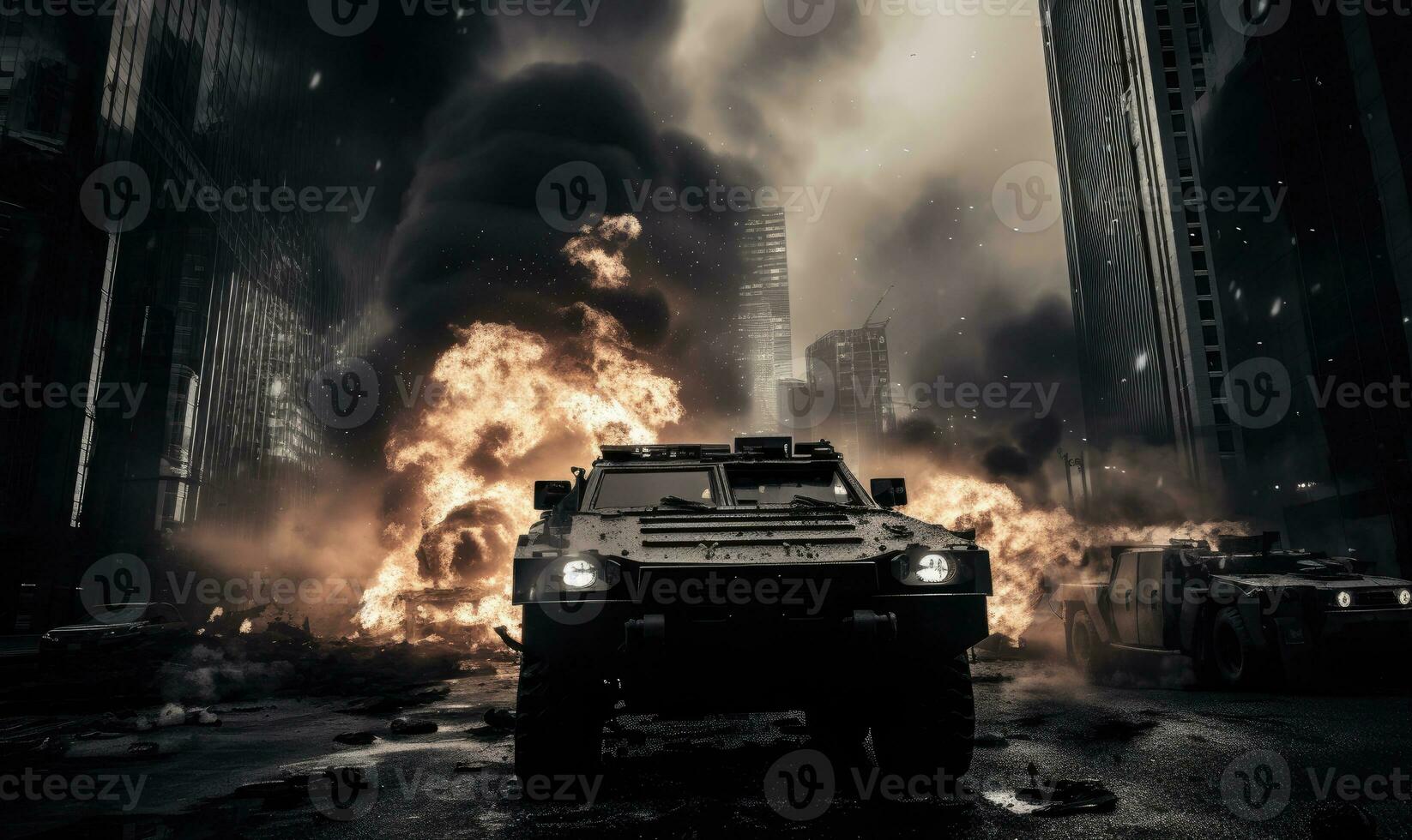 ai genererad intensiv slagfält scen. brinnande armerad militär fordon i stad. ai generativ. foto