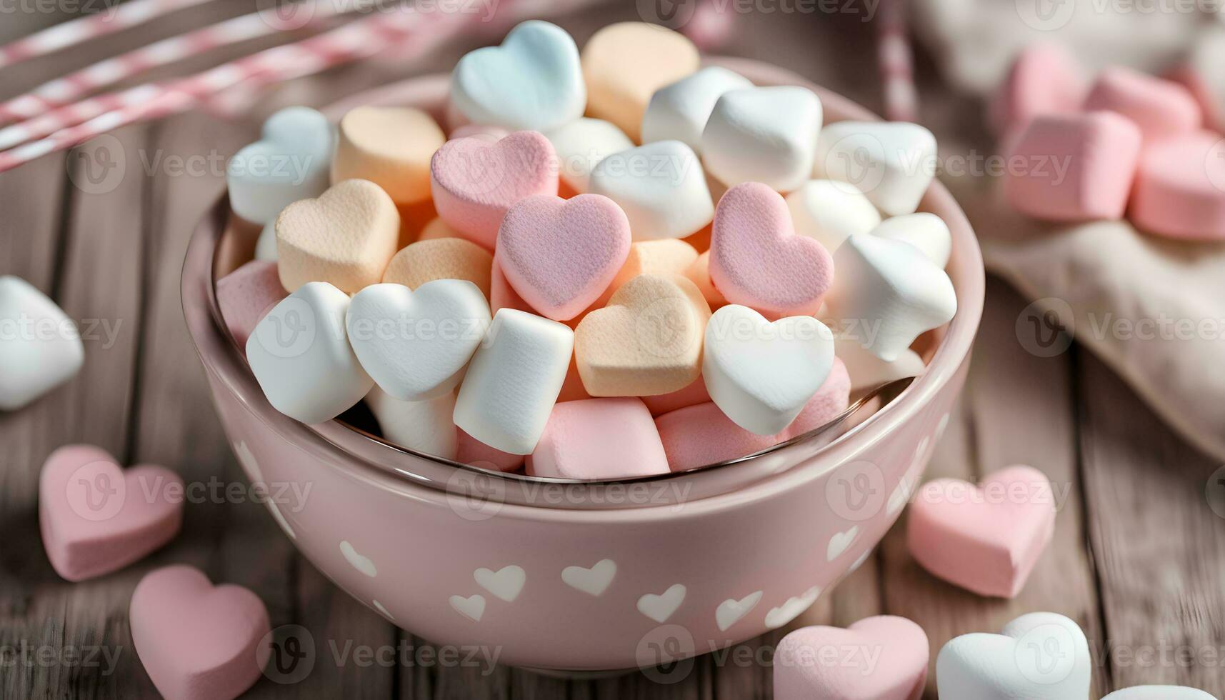 ai genererad en skål fylld med marshmallows och rosa och vit hjärtan foto